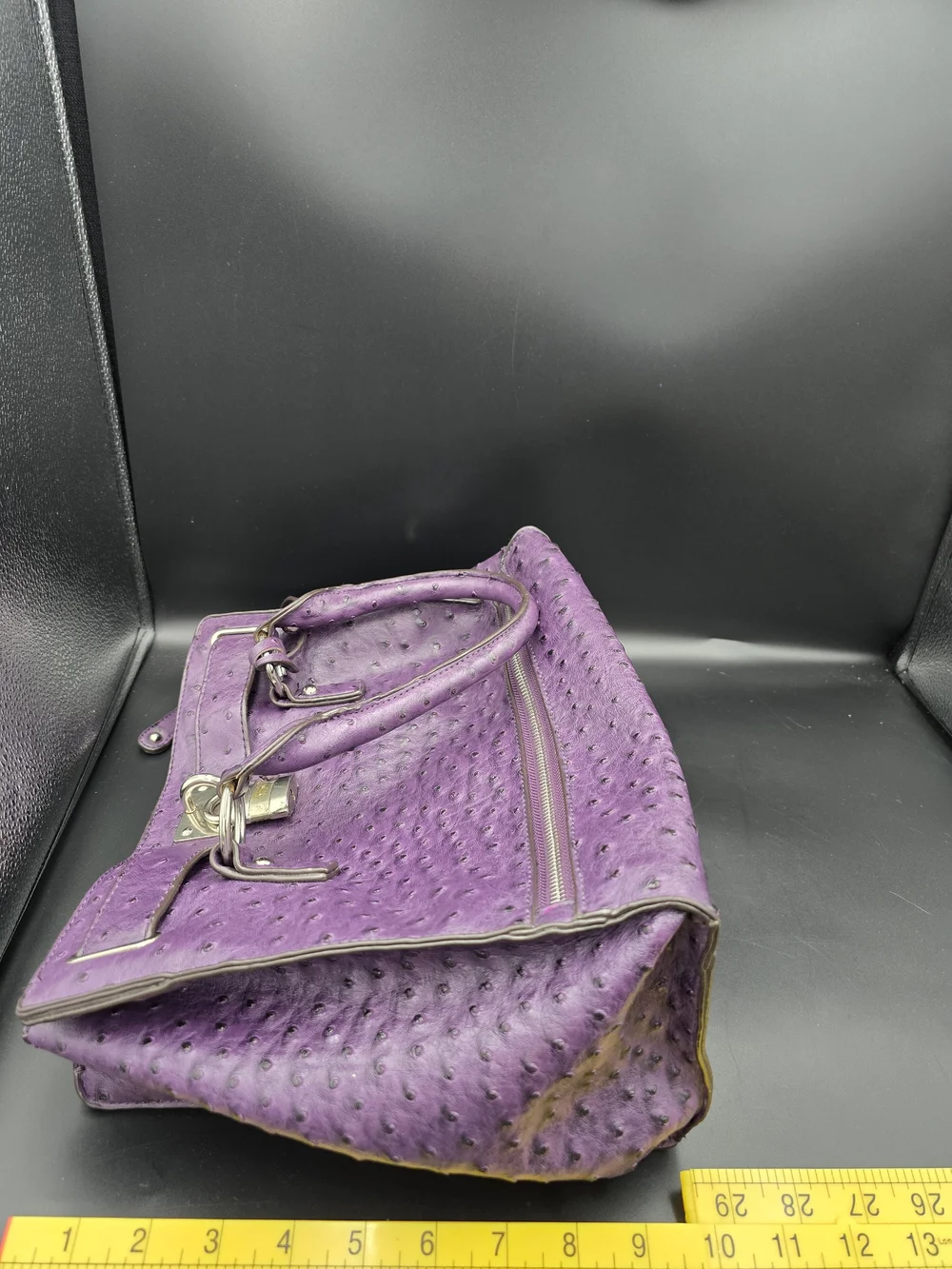 Purple Ostrich-Texture Satchel Handbag with Lock Detail